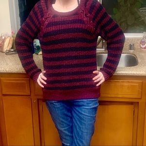 NWOT Maroon & Blk striped knit long sleeve sweater